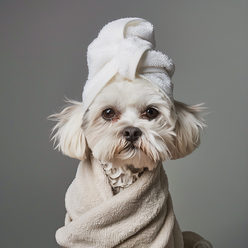 A dog with a towel wrapped around its head