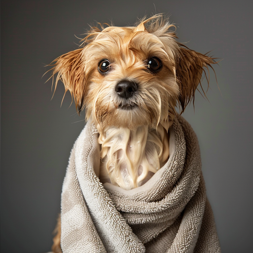 A dog wrapped in a towel