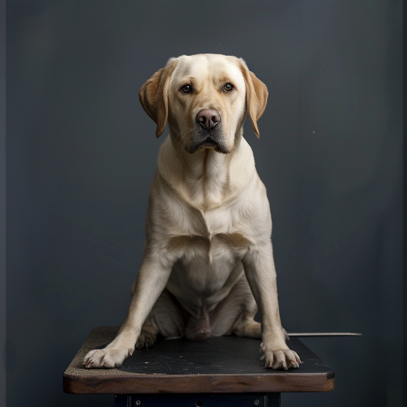 A labrador sat on a grooming table
