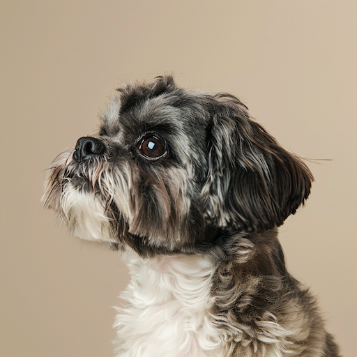 A small dog looking to the side